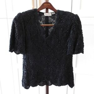 Laurence Kazar Blouse Women L Black Beaded Vintage 80s Evening Top